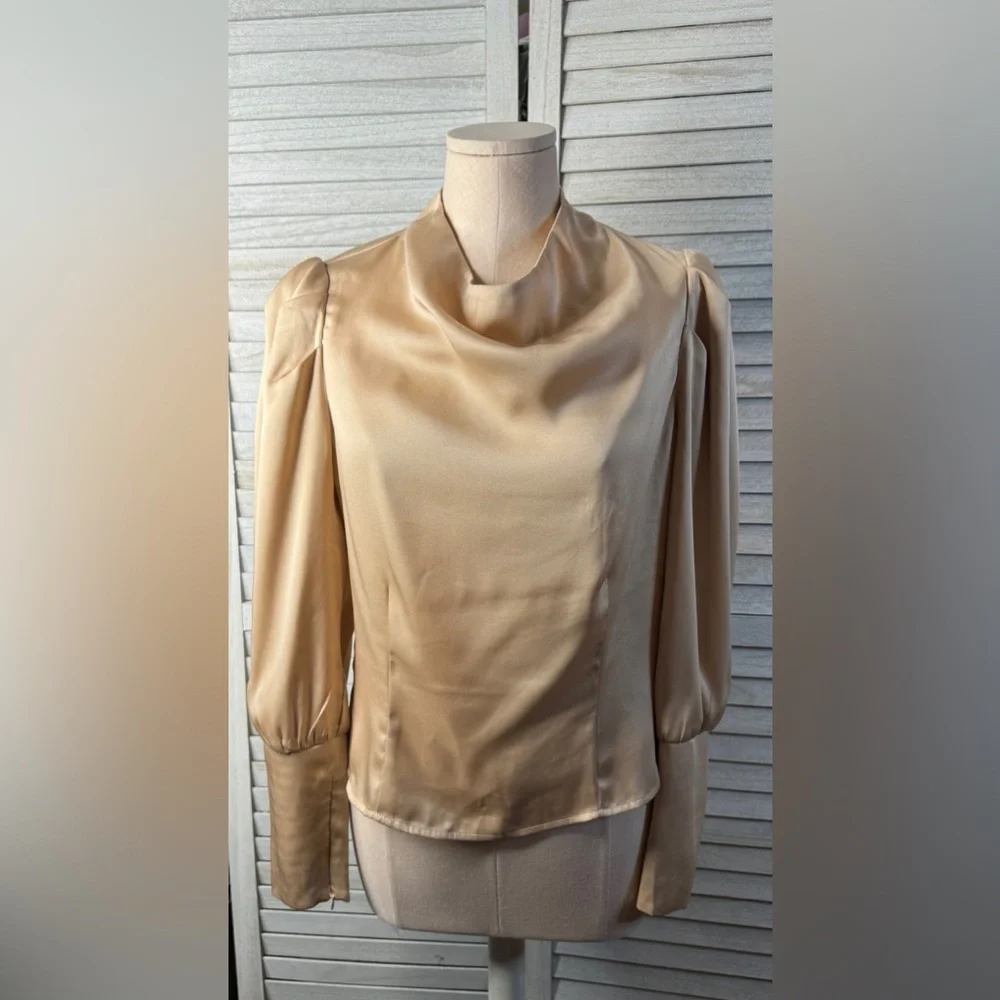 Astr Gold Satin Blouse Size Large Elegant Cowl Neck Puff Sleeve Top Luxe